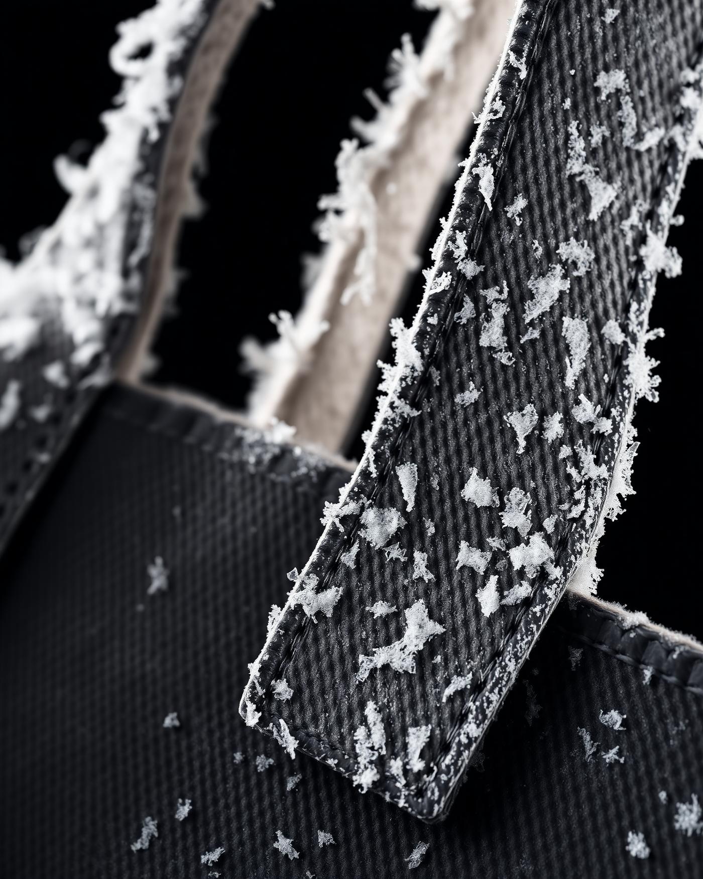 Close view of frost on a canvas tote handle
